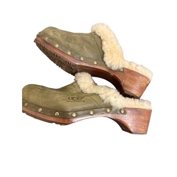 Ugg Australia Womens Size 8 Shearling Clogs Olive Green Leather Fur Lined Slip-O - Picture 5 of 7